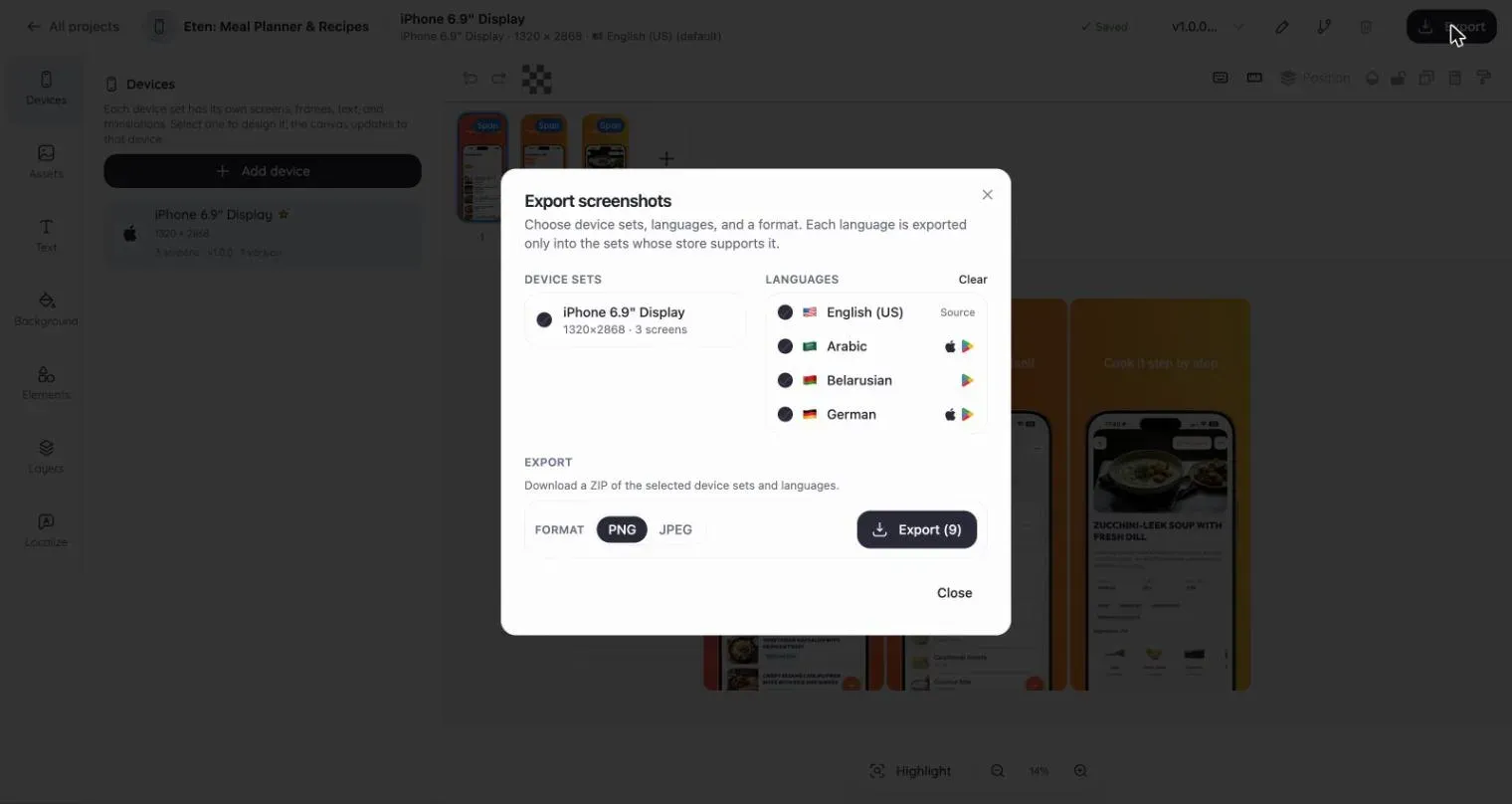 The export dialog: pick device sets and languages, choose PNG or JPEG, and download every screenshot as one ZIP