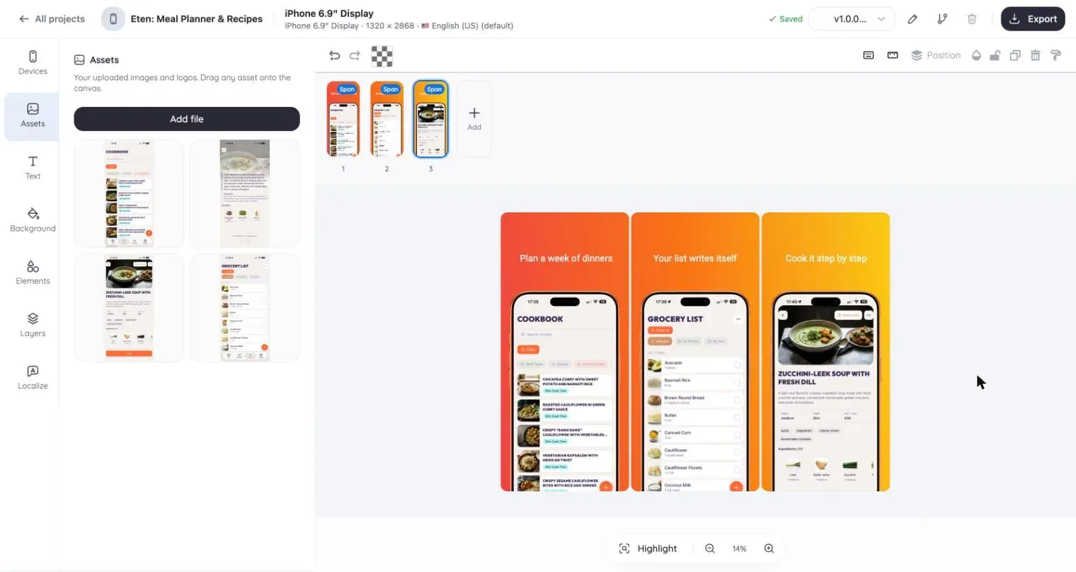 The Lingue editor with a three-screen App Store set: framed iPhone screens over one panoramic background, headlines above each device, and the uploaded raw screens in the Assets panel